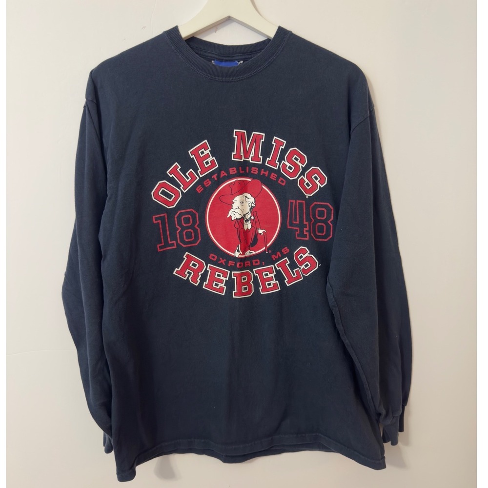 Champion Ole Miss Rebels Long Sleeve Shirt Mens L Navy Blue Good Mascot Graphic